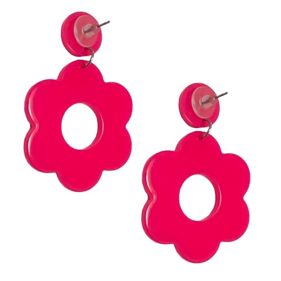 Hot Pink Hippie Flower 60s 70s Double Drop Earrings - Picture 3 of 7
